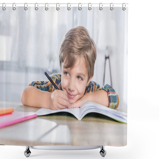 Personality  Little Schoolboy Doing Homework Shower Curtains