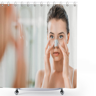 Personality  Attractive Girl Applying Nose Strip And Looking At Mirror On Bathroom   Shower Curtains