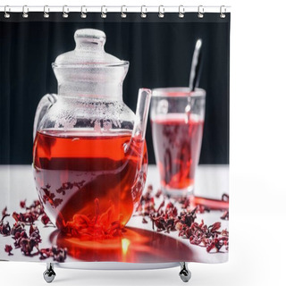 Personality  Glass Teapot With Hibiscus Tea And Cup With Spoon On Table Shower Curtains