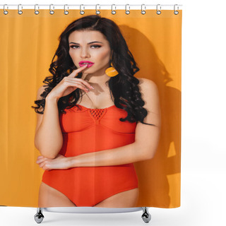 Personality  Beautiful Woman In Swimsuit Touching Lips On Orange Shower Curtains