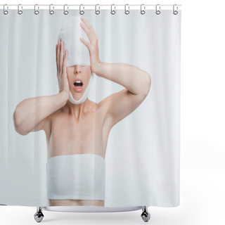 Personality  Scared Woman With Bandages Touching Head Isolated On White Shower Curtains