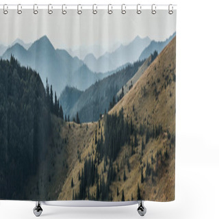 Personality  Panoramic Shot Of Golden Lawn With Pines Near Mountains  Shower Curtains