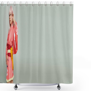 Personality  Anime Style Woman In Colorful Kimono Adjusting Blonde Wig On Grey, Backdrop, Cosplay Concept, Banner Shower Curtains