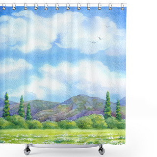 Personality  Watercolor Landscape. Cloudy Sky Over Valley Blossoms Shower Curtains