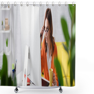 Personality  Woman With Cup Of Tea Touching Eyeglasses While Working Near Monitor On Blurred Foreground, Banner Shower Curtains
