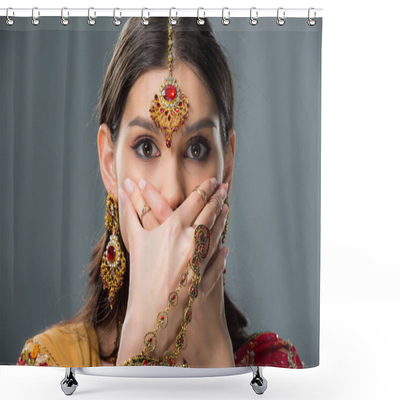 Personality  Elegant Shocked Indian Girl Closing Mouth With Hands, Isolated On Grey  Shower Curtains