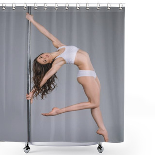 Personality  Beautiful Flexible Girl In Sportswear Exercising With Pole And Looking At Camera On Grey   Shower Curtains