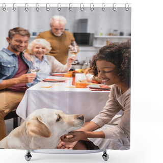 Personality  Selective Focus Of Joyful African American Girl Stroking Golden Retriever During Celebration Of Thanksgiving Day With Family Shower Curtains