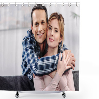 Personality  Portrait Of Smiling Couple In Love Looking At Camera At Home Shower Curtains