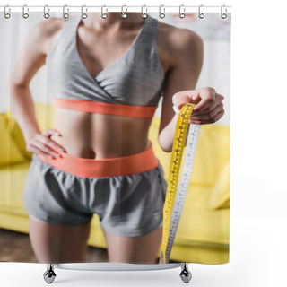 Personality  Cropped View Of Sportswoman With Hand On Hip Holding Measuring Tape At Home Shower Curtains