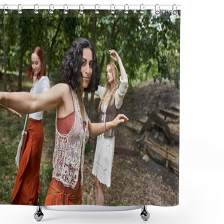 Personality  Trendy Multiracial Woman Looking At Camera And Dancing Near Friends In Modern Retreat Center Shower Curtains