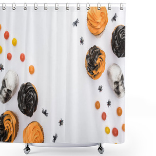 Personality  Top View Of Delicious Halloween Cupcakes With Spiders, Skulls And Bonbons On White Background Shower Curtains