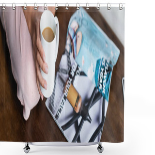 Personality  Horizontal Crop Of Woman Holding Cup Of Coffee Near Magazine On Table Shower Curtains