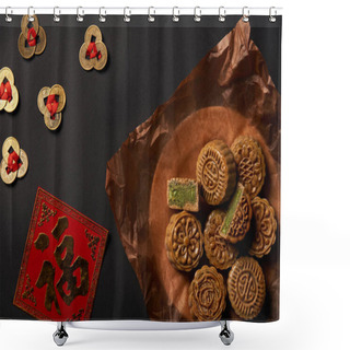 Personality  Top View Of Traditional Mooncakes With Chinese Talismans Isolated On Black Shower Curtains