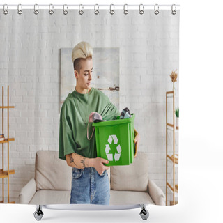 Personality  Eco-conscious Lifestyle, Young And Tattooed Woman With Trendy Hairstyle Holding Green Recycling Box With Clothing, Sustainable Living And Environmentally Friendly Habits Concept Shower Curtains