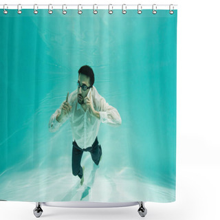 Personality  Muslim Businessman Pointing With Finger While Talking On Smartphone Underwater  Shower Curtains