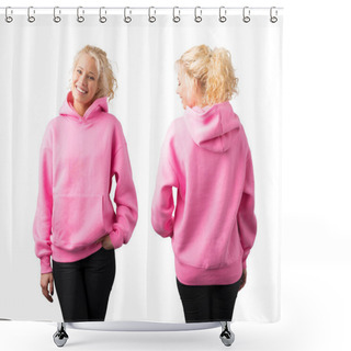 Personality  Woman Wearing Empty Pink Hoodie, Mockup For Your Own Design Shower Curtains