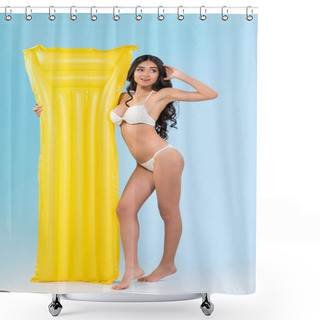 Personality  Beautiful Young Woman With Yellow Inflatable Mattress, Isolated On Blue Shower Curtains