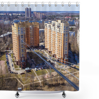 Personality  Pushkin, Moscow Region , Russia. Fibre Optic Cable To Connect To The Internet Residential Building And Residential Area In The Background Shower Curtains