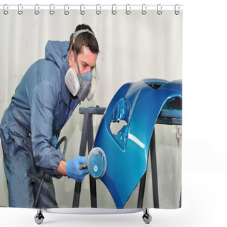 Personality  Worker Painting Blue Bumper. Shower Curtains