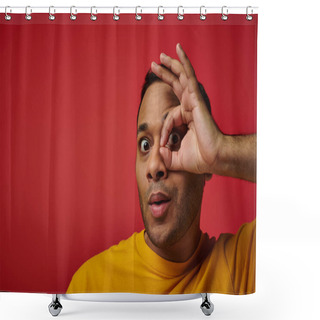 Personality  Amazed Indian Man In Yellow T-shirt Showing Okay Sign, Hand Near Face Background In Studio Shower Curtains