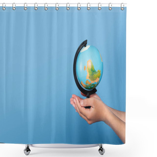 Personality  Cropped View Of Schoolkid Holding Globe On Hands Isolated On Blue  Shower Curtains