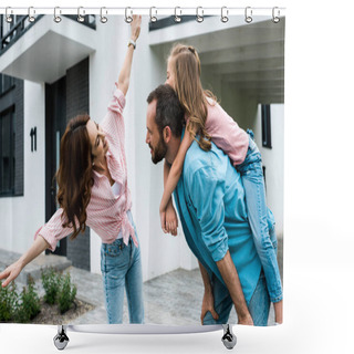 Personality  Happy Man Piggybacking Daughter Near Cheerful Wife With Outstretched Hands  Shower Curtains