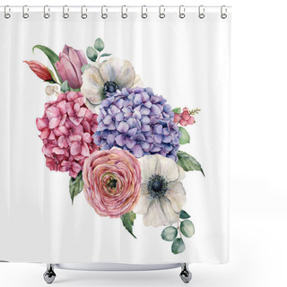 Personality  Watercolor Hydrangea Flowers Bouquet. Hand Painted Pink And Violet Hydrangea, Tulip, Anemone And Ranunculus With Eucalyptus Leaves Isolated On White Background For Design, Print. Shower Curtains