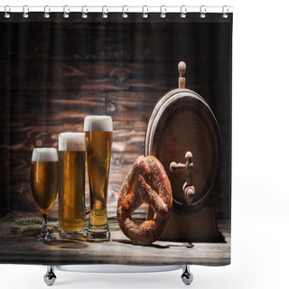 Personality  Glasses Of Beer, Tasty Pretzel And Beer Barrel On Wooden Table, Oktoberfest Concept Shower Curtains