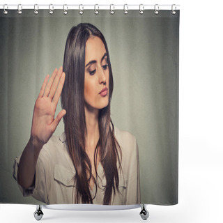 Personality  Annoyed Angry Woman With Bad Attitude Giving Talk To Hand Gesture  Shower Curtains