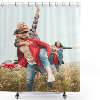Personality  Young Women Piggybacking On Boyfriends In Flower Field Shower Curtains