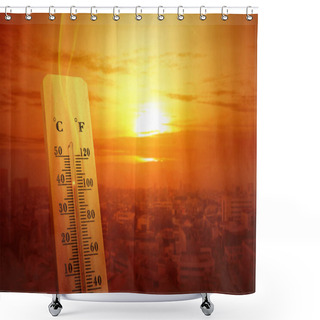 Personality  Thermometer With High Temperature On The City With Glowing Sun B Shower Curtains