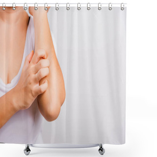 Personality  Asian Beautiful Woman Itching Her Useing Hand Scratch Itch Arm On White Background With Copy Space, Medical And Healthcare Concept Shower Curtains