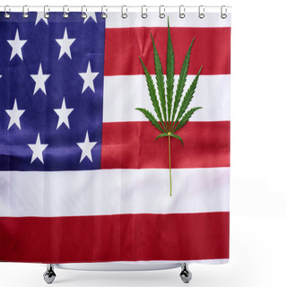 Personality  Top View Of Green Cannabis Leaf On American Flag Background Shower Curtains