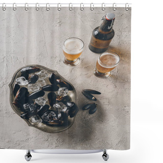 Personality  Top View Of Mussels In Bowl, Glasses And Bottle Of Beer On Concrete Surface Shower Curtains
