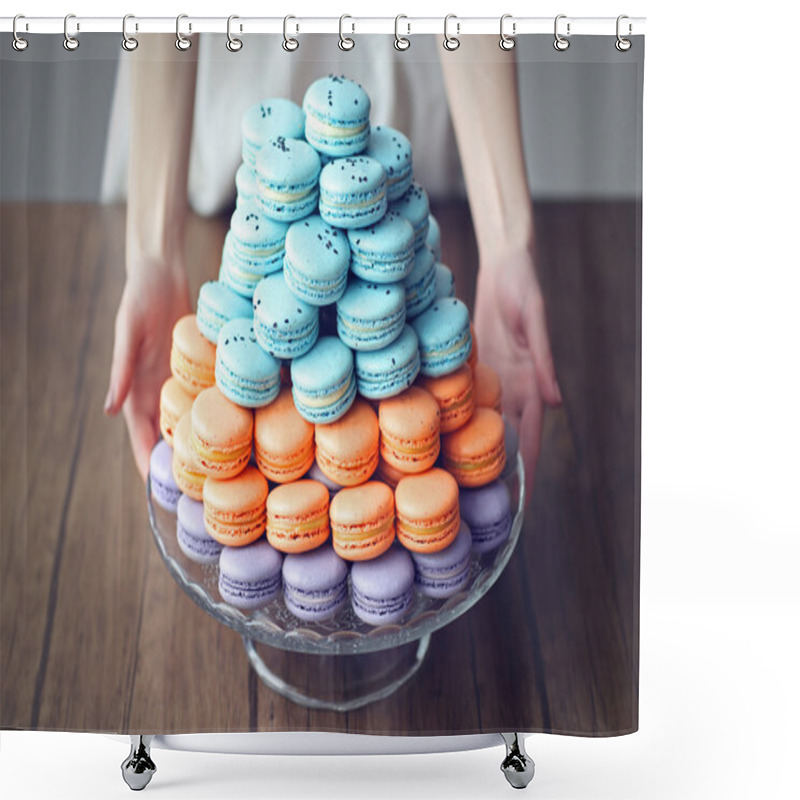Personality  Woman Holding Varicolored Tasty Macaroons On Glass Tray On The Table Shower Curtains