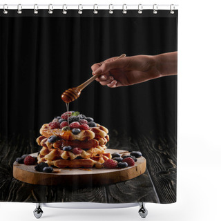 Personality  Cropped Shot Of Woman Pouring Honey Onto Stack Of Belgian Waffles On Black Wooden Table Shower Curtains
