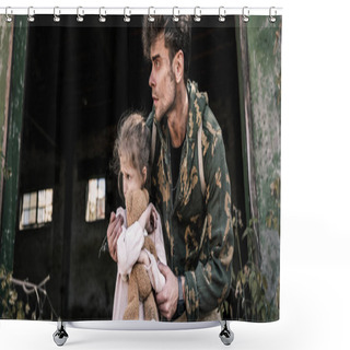 Personality  Panoramic Shot Of Scared Man And Child With Teddy Bear Outside, Post Apocalyptic Concept Shower Curtains