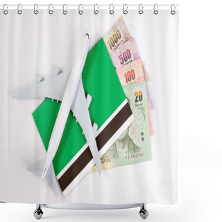 Personality  Airplane On Thai Money, The Rising Costs Of Airline Travel. Airline Tickets Or Book Bank Isolated On White, Top View. Shower Curtains