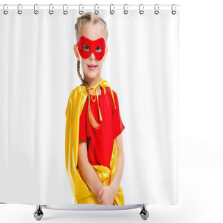 Personality  Portrait Of Little Supergirl Wearing Yellow Cape And Red Mask For Eyes Isolated On White Shower Curtains