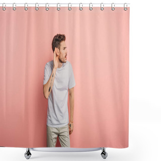 Personality  Confused Young Man Showing Cant Hear Gesture By Holding Hand Near Ear On Pink Background Shower Curtains