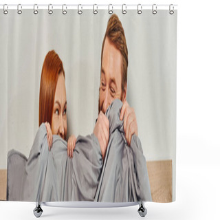 Personality  Day Off Without Kids, Redhead Husband And Wife Looking At Each Other, Hiding Behind Blanket, Married Couple, Modern Lifestyle, Happiness At Home, Relaxation Time, Parents Alone At Home, Banner  Shower Curtains