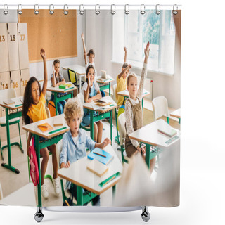 Personality  Group Of Pupils Raising Hands To Answer Question During Lesson At Classroom Shower Curtains