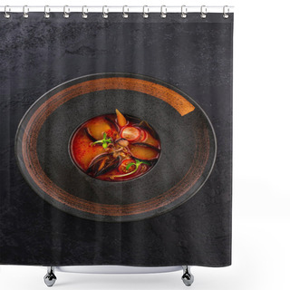 Personality  Red Tomato Soup With Mussels And Vegetables On Black Plate Shower Curtains