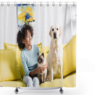 Personality  Cheerful Girl With Headband Embracing Siamese Cat And Looking At Retriever Sitting On Yellow Sofa, On Blurred Background Shower Curtains