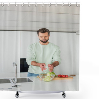 Personality  Man Preparing Salad From Fresh Vegetables For Breakfast Shower Curtains