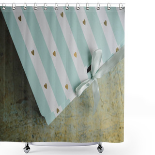 Personality  Christmas Gift Box On Golden Background. Striped Present Near Christmas Tree. Close Up. Copy Space Shower Curtains