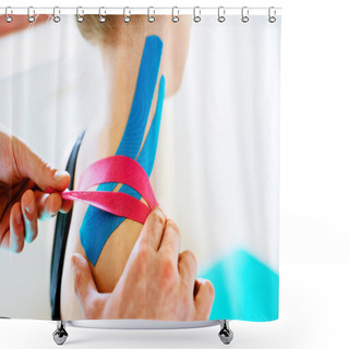 Personality  Therapist Applying Tape To Patient Shoulder Shower Curtains