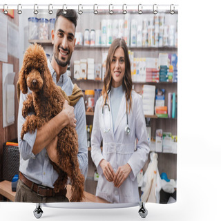 Personality  Smiling Arbian Man Holding Poodle Near Veterinarian In Pet Shop Shower Curtains