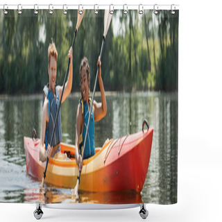 Personality  Smiling And Active Multiethnic Friends In Life Vests Paddling In Sportive Kayak During Water Recreation Weekend On Picturesque River On Summer Day, Banner Shower Curtains